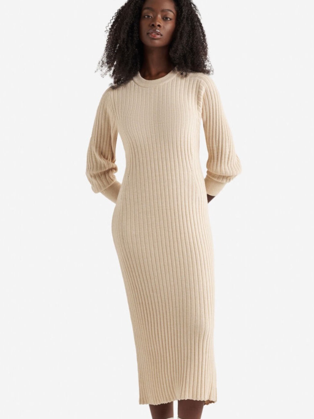 Roots Cream Ribbed Long Sleeve Midi Dress
